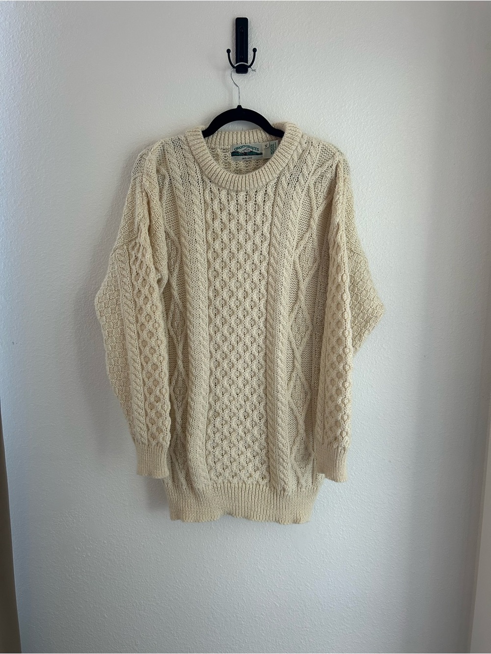 Irish Aran Crafts 100% Wool Cream Cable Knit Pullover